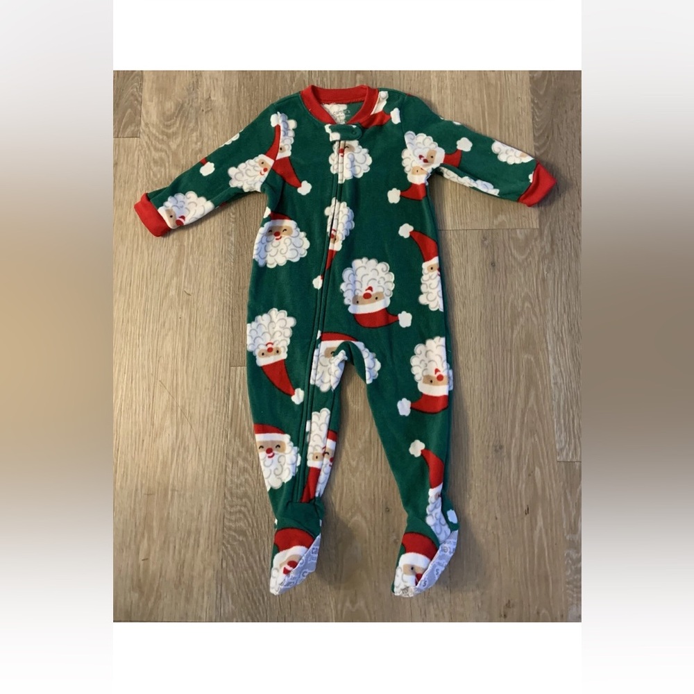 Carter's Bot’s Size 12 Months Green Fleece Pajamas With Cheery Santa Claus Print